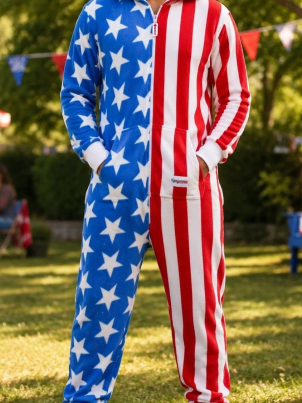 Tipsy Elves NWT American Flag Fleece Hooded Jumpsuit Onesie Unisex Medium